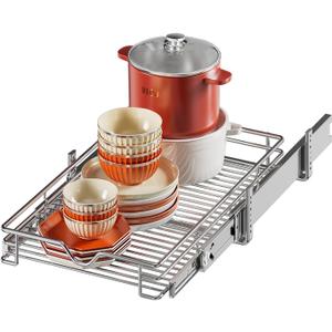 DINDON 1 Tier Pull Out Cabinet Organizer (14" W x 18" D) Heavy-Duty Metal Sliding Drawer Shelf, Slide Out Wire Basket for Kitchen Cabinets, Pantry, Bathroom, Chrome Finish