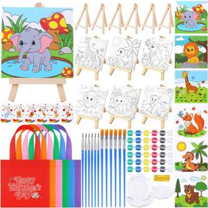 Fovths 6 Sets Valentine's Day Canvas for Painting Pre-Drawn Canvas Panel with Wooden Easel Painting Tools Cards Tote Bags Mini Paint Set Valentine School Class Gift Exchanges