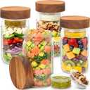4 Pack Glass Salad Jars with Wooden Lids for Meal Prep, Leakproof Container with Two Small Built in Cups for Wet/Dry Separation for Salad Dressing and Ingredients, 32oz Mason Jars (Acacia)