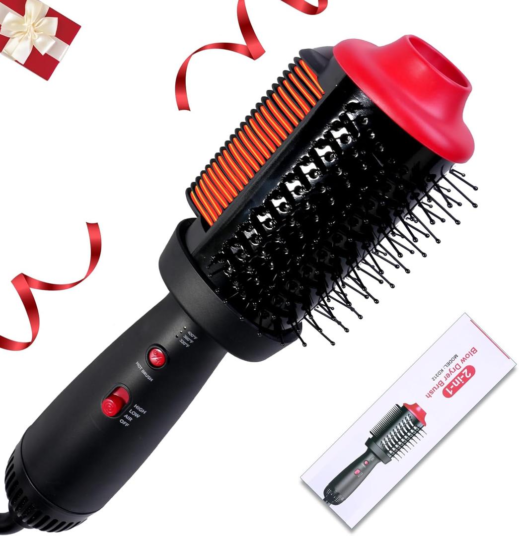Heated Comb & 4-in-1 Blow Dryer Brush Hair Straightener Brush - Dual Mode Hot Air Styler for Drying, Straightening, Curling & Volumizing All Hair Types, Ceramic Ionic Technology (Red)