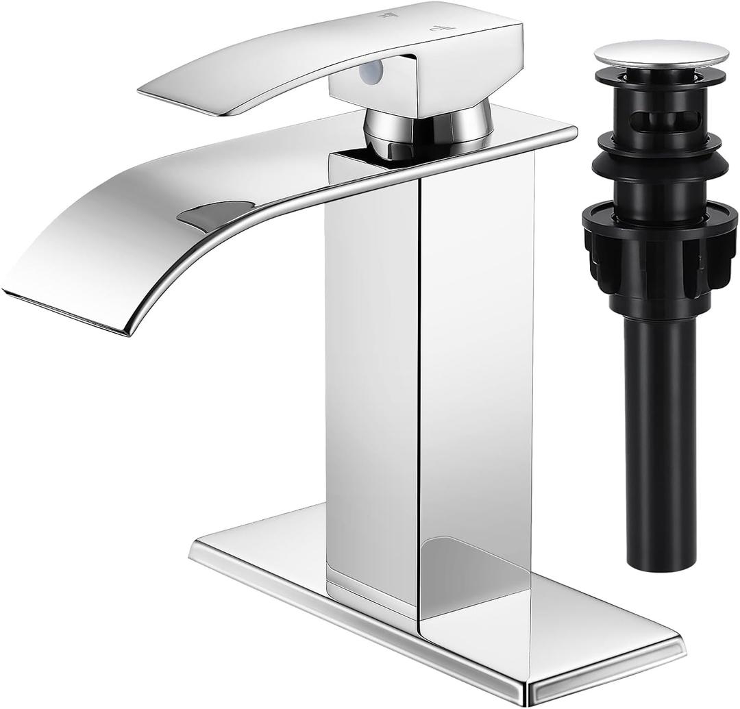 Bathroom Faucets Chrome Waterfall Bathroom Sink Faucet Modern Single Handle Bathroom Faucet for 1 or 3 Hole Mxier Tap Washbasin Faucet with Deck, Pop-up Drain and Supply Hoses