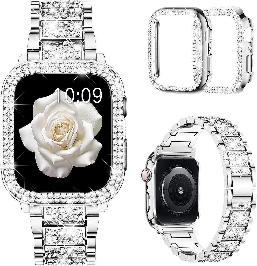 Mosonio Compatible with Apple Watch Band 38mm 40mm 41mm 42mm 44mm 45mm 46mm 49mm with 2 Pack Case Women, Jewelry Replacement Metal Bands Strap with Bling PC Protective Case for iWatch Ultra SE Series 11/10/9/8/7/6/5/4/3/2/1 (Sizes Vary By Mode)