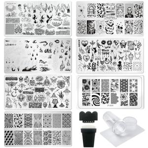 AddFavor Nail Stamping Plate Kit with Nail Stamp and Scraper, 6pcs Fire Skull Nail Stamper Kit for Home Salon Manicure Polish Print Stencils Design Tools