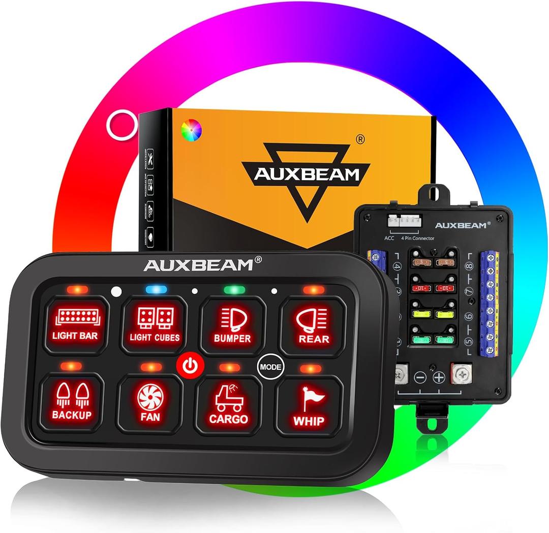 Auxbeam Switch Panel RB80 RGB 8 Gang Switch Panel Auto-Dimmable Multifunction Switch Panel w/Momentary Toggle Pulsed Memory, Aluminum Switch Panel for Truck Boat Car RV Waterproof, (RGB (No APP))