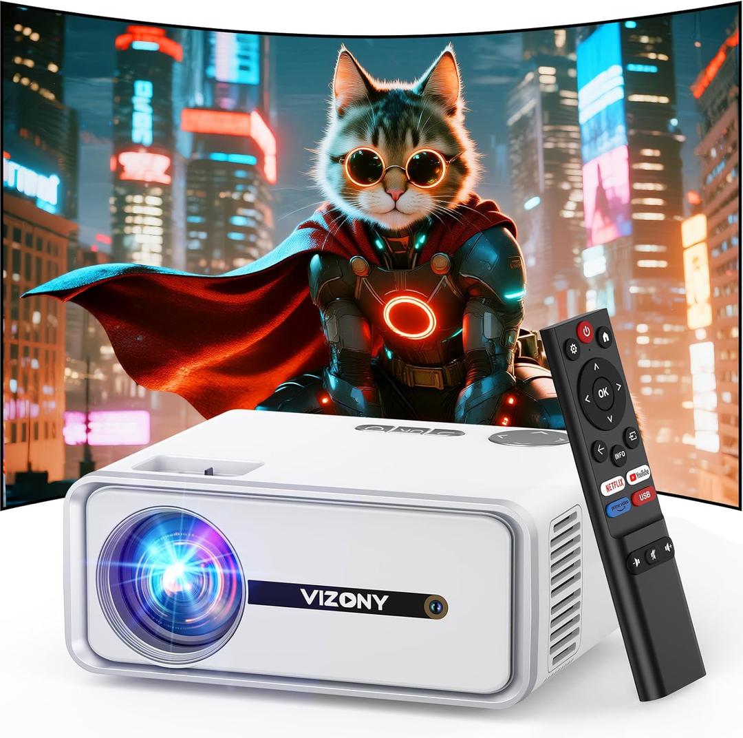 [Built-in Apps] Smart Projector with WiFi and Bluetooth, VIZONY Native 1080P Projector with Streaming APPs, Dolby Audio, Portable Mini Projector for Indoor Outdoor Use (White)