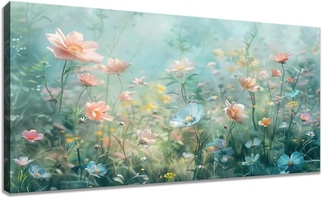 Tucai Decor Floral Canvas Wall Art Colorful Wildflowers Field Painting 20W x 40L inches Pink Blue and Yellow -Flowered Plants Art Prints Wall Decor for Living Room Bedroom Office Ready to Hang