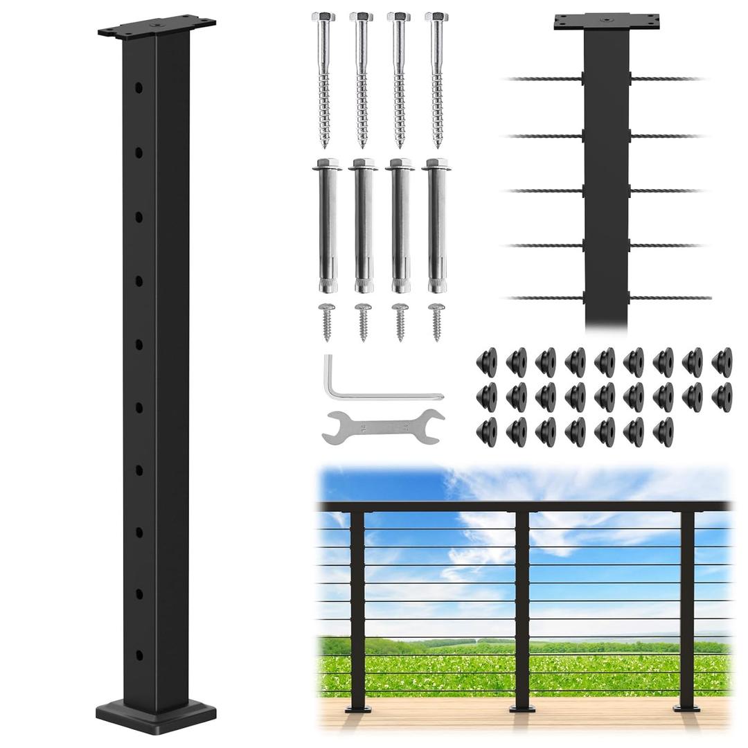 CKE 36" Level Drilled Cable Railing Post, Black Cable Railing Post (Post 35"x2"x2") for Deck Railing, Stainless Steel Flat Top Surface Level Line Post with Cable Grommets for Indoor Outdoor, LP02