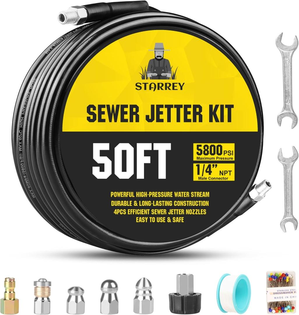 Pressure Washer Drain Jetter  Sewer Jetter Kit for Pressure Washer 50ft 1/4 Inch NPT Hose Nozzles and Adapter 5800PSI Clears Clogs in Pipes & Sewer Lines