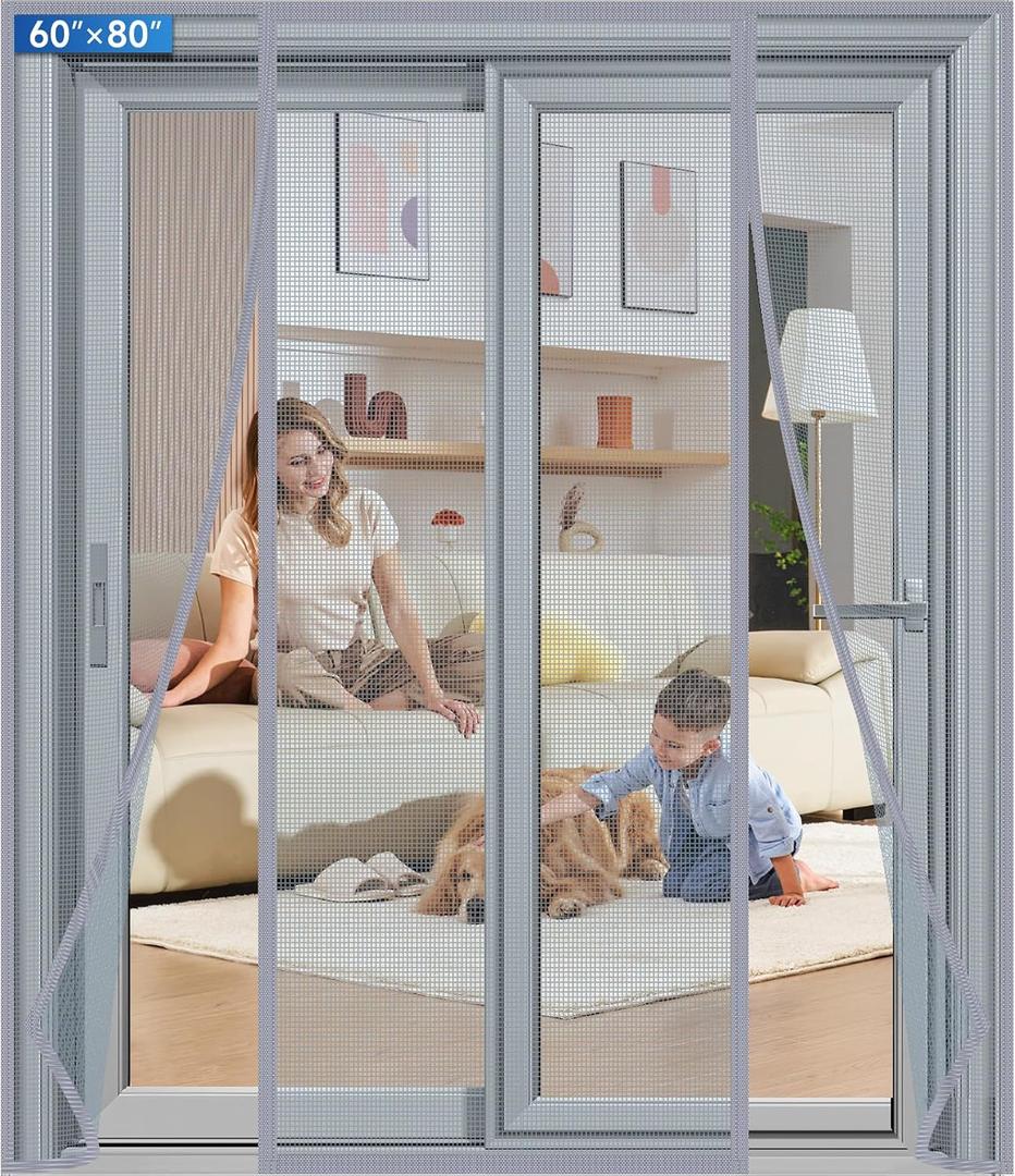 Magnetic Screen Door Upgraded PET Mesh Stronger Than Fiberglass and Polyester,Hands Free,Keeps Bugs Out,Pet & Kid Friendly,Suitable for Sliding Door,Large Patio Door and French Door-60''x80'' (Fit Door Size 6080 Inch, Gray)