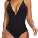 SHAPERIN Women's Deep V Neck Cami Bodysuit Plunge Double Layer Tummy Control Shapewear Thong Body Suits (Medium, Black)