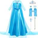 Girls Princess Dress Luxury Princess Costume Christmas Birthday Party Snow Princess Dress Up for Girls Halloween Cosplay Fancy Dress with Shining Long Cape (4-5 Years, Blue)