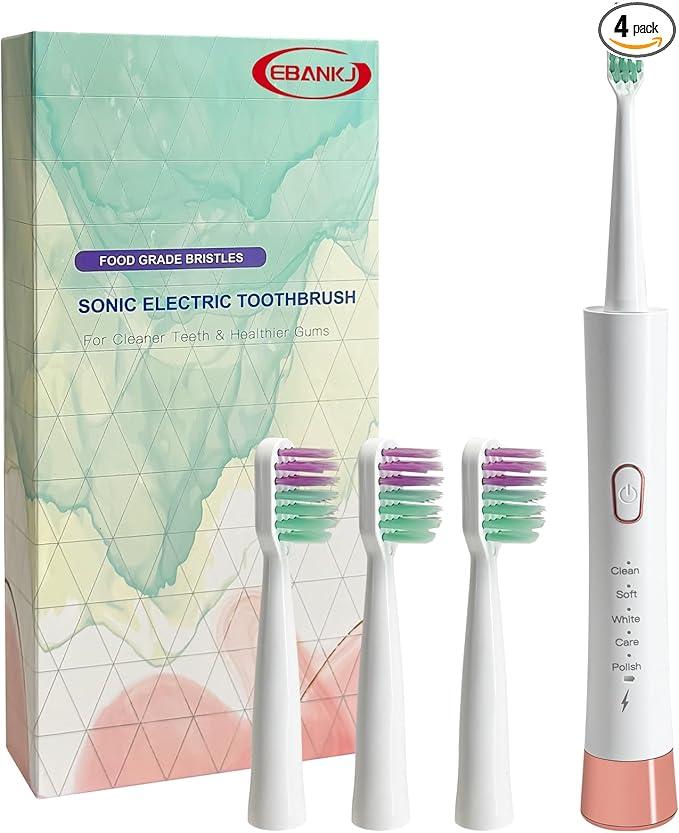 EBANKJ Sonic Electric Toothbrush - 5 Cleaning Modes with Timer - Waterproof Rechargeable Toothbrush with 3 Brush Heads - Travel Case Included