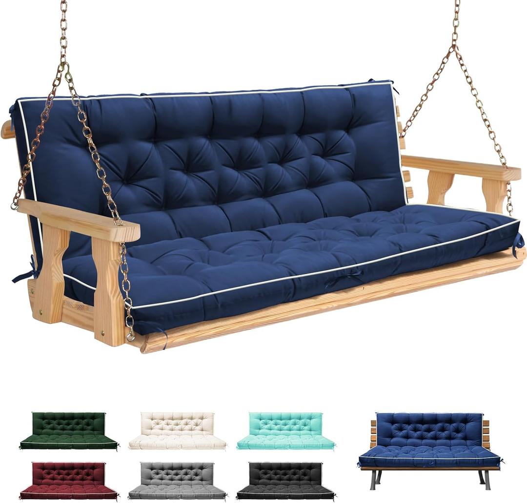 Porch Swing Cushions, Outdoor Swing Replacement Cushions 3 Seater with Backrest, Thickened Waterproof Bench Cushion with Ties for Patio, Outdoor, Backyard and Garden (Navy) (60x40")