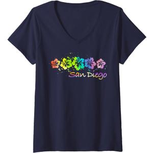 Womens San Diego, CA Watercolor Beach & Surf V-Neck T-Shirt S
