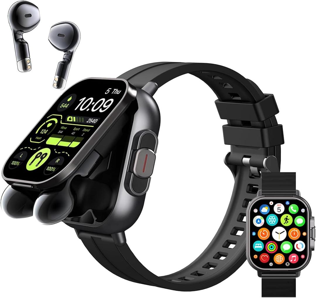 Smart Watch with Earbuds, 2.01" HD Screen Fitness Watch, 2 in 1 Smartwatch with 100+ Sport Modes Fitness Tracker, Sleep/Heart Rate/Monitor Pedometer for iOS & Android, Black