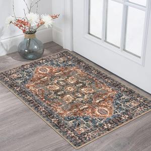 KOZYFLY Small Area Rug 2x3 Ft Rugs for Entryway Washable Boho Entry Rug Non Slip Door Mat Indoor Entrance Faux Wool Vintage Printed Kitchen Rug Throw Rugs for Entrance Kitchen, Red/Navy Blue/Brown