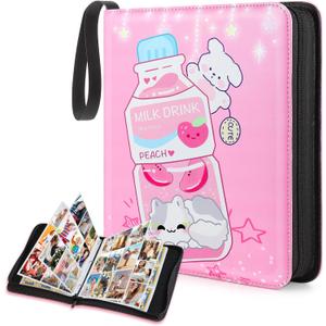 Trading Card Binder,900 Cards Collectible Trading Card Holder Case with 50 Sleeves, 9 Pocket for TCG Game Cards Collection Sports Trading Cards Collector Album (Pink milk bottle, 900 Pockets)