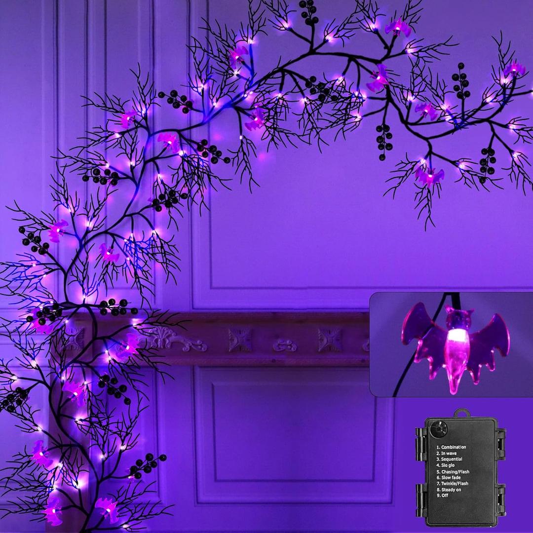 TURNMEON Extra Long 9 Ft 72 LED Halloween Willow Vine Twig Decor Garland with 24 Purple Bats Lights 8 Modes Timer Waterproof Battery Operated Halloween Decorations Home Wall Fireplace