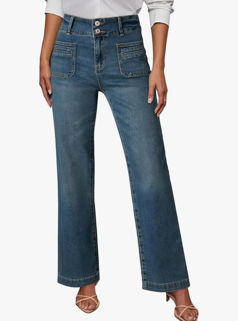 Sidefeel Women's Wide Leg Jeans High Waisted Tummy Control Stretchy Pockets Front Straight Leg Jeans 4
