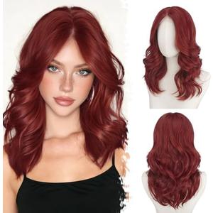 BARSDAR Short Wavy Copper Red Layered Wig - Shoulder Length Wavy Copper Wigs for Women - Short Loose Wave Textured Layered Face-Framing Curtain Bangs Wig Soft Synthetic Natural Looking Daily Party