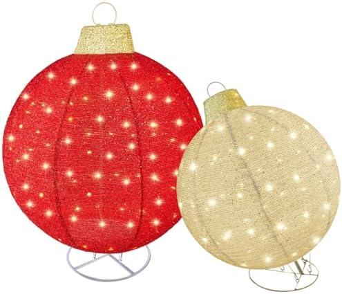 HOYECHI 2pc Lighted Pop-Up Outdoor Christmas Ornament Set – Holiday Ball Decorations with 200 LED Lights, 8 Lighting Modes, for Yard & Outdoor Christmas Decor - Red/Gold