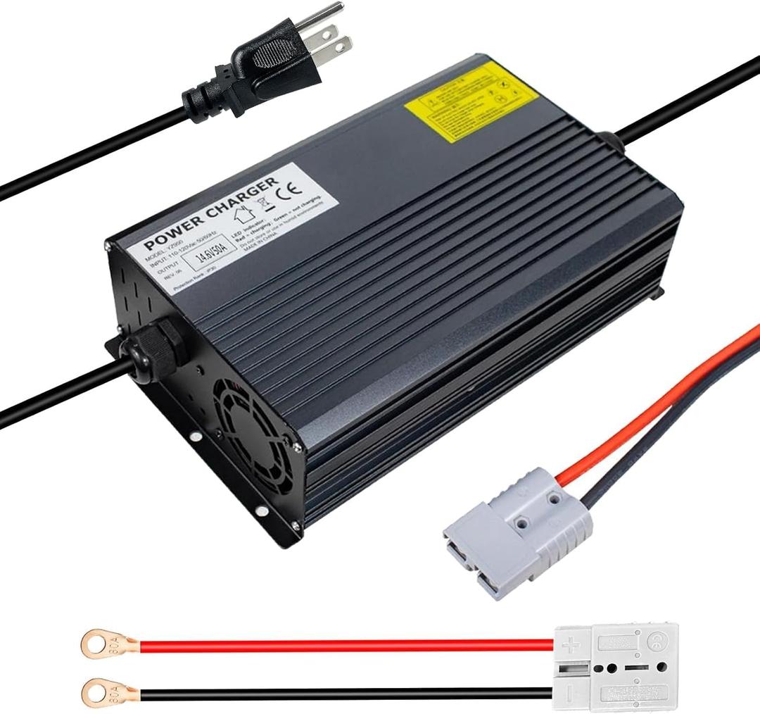 14.6V 50A LiFePO4 Battery Charger, Ultra-Fast Smart Charger for 12V LiFePO4 Batteries, Includes 80A Anderson Plugs & M8 Terminal Adapter Cable, Ideal for RV, Marine, Boat, Golf Cart, Solar Bank