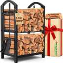 AMAGABELI GARDEN & HOME Firewood Rack Indoor with Tools 5-Piece Fireplace Tools Set Wood Holder Outdoor Wrought Iron Log Holder Firewood Storage Rack for Fireplace,Fire Pit,Wood Stove Black
