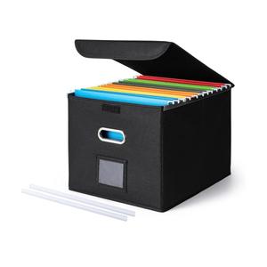 CADONO File Organizer Box with Lid, Large Hanging File Folder Organizer with Plastic Slide, Collapsible Portable Filing Storage Boxes for Office/Decor/Home (Black, 14.9 x 12.59 x 10.8 inch)