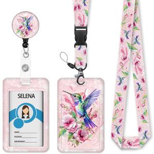 Bird Badge Holder with Retractable Lanyard, Pink Lanyards for ID Badges Name Tags Vertical Card Holder, Detachable Lanyard Badge Reel Retractable, Teacher Nurse Workers Women Office Gifts