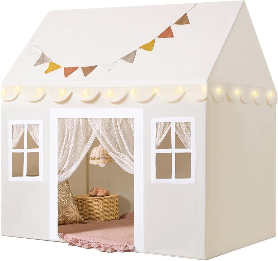 Tiny Land Play Tent with Padded Mat & LED Lights, Kids Tent, Playhouse for Kids, Indoor Bed Tent for Toddler, Toys for 3,4,5,6-Year-Old Girls, Neutral Color Play Room Furniture (Off-white)