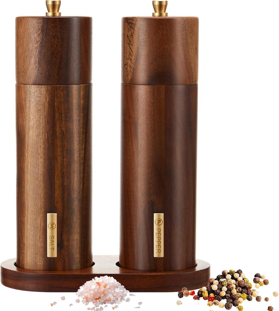 LOYIM Wooden Salt and Pepper Grinder Set 8 Inch Manual Salt and Pepper Mill with Tray Adjustable Coarseness Refillable Wood Grinders with Gold Bottle Label for Kitchen Christmas Home Gift(Wood Color)