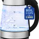 Elite Gourmet EKT-602 Electric BPA-Free Glass Kettle, Cordless 360 Base, Stylish Blue LED Interior, Handy Auto Shut-Off Function  Quickly Boil Water For Tea & More (Stainless Steel/Glass)
