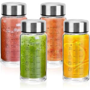 souG 4 Pack 14oz Juice BottlesWide Mouth Glass Water Bottles with Lids - for Juicing, Smoothies, Milk, Protein, BPA Free, Reusable, Stainless Steel Lids, Leak Proof, Shaker bottle (14oz/400ml)