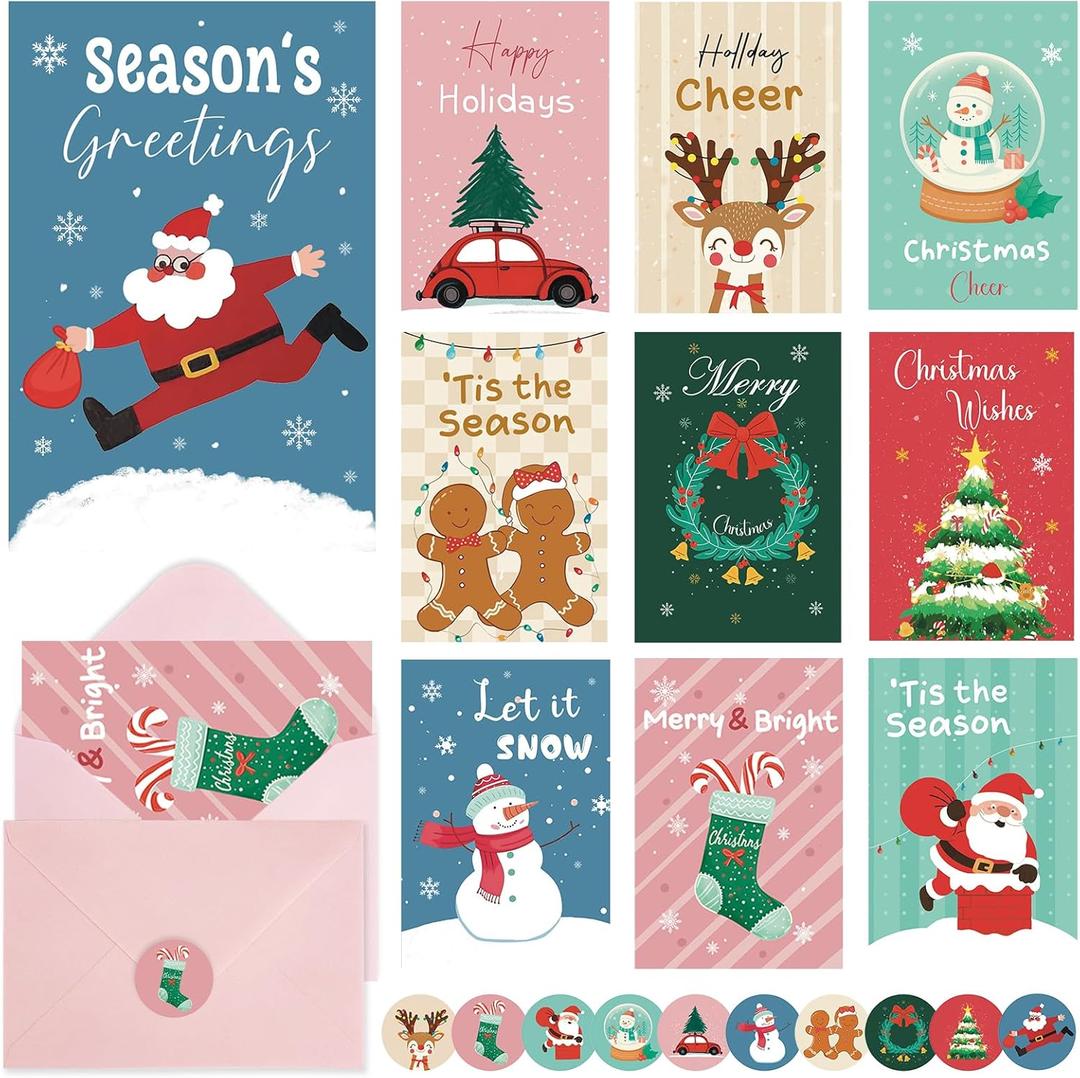 Christmas Cards With Envelopes & Matching Stickers, 20 Pack, 10 Personalized Designs, 4" X 6", Funny Boxed Christmas Greeting Cards,Happy Holiday Xmas Card (colorful)