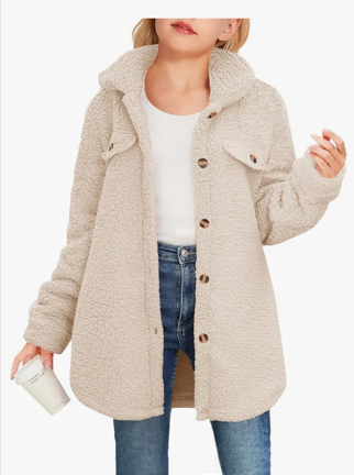 Haloumoning Girls Fuzzy Fleece Jacket Casual Button Down Sherpa Overcoat Faux Fur Jackets Outwear 150