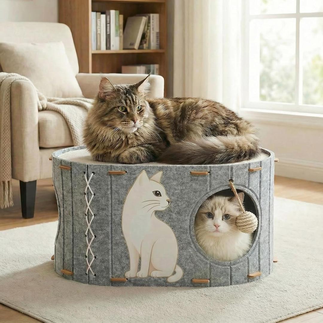 Cat House for Indoor Cats – Felt Covered Cat Bed Cave with Sisal Ball & Reversible Cooling & Warming Pad, Enclosed Hideaway Condo for Large Cats & Kittens, Cozy Multi-Cat Furniture, Gray