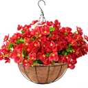 Artificial Hanging Flowers for Outdoors Summer Decoration, 12 Hanging Basket with Faux UV Resistant Silk Flowers, Realistic Fake Hanging Eucalyptus Plants for Porch Home Patio Balcony Yard (Red)