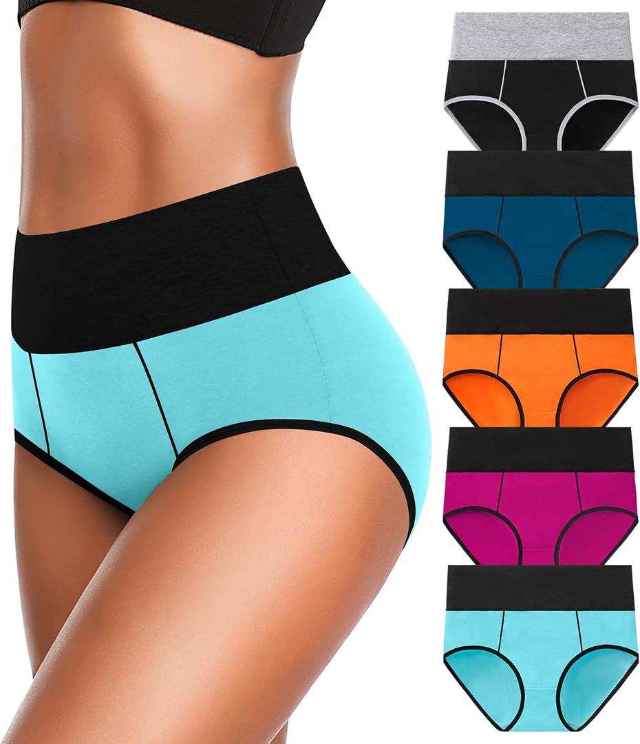 OLIKEME High Waisted Underwear for Women Tummy Control Cotton Plus Size Full Coverage Packs Ladies Panties Briefs (Medium)