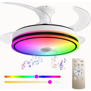 42'' Retractable Ceiling Fan with Lights, Smart Ceiling Fan Light with Bluetooth Speaker, App Control for Dimming & RGB Color Change Reversible Bedroom Living Room