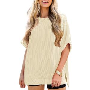 Tankaneo Womens Oversized T Shirts Summer Casual Ribbed Batwing Short Sleeve Tunic Tops Loose Fit Dolman Sleeve Tees (Beige) Large 