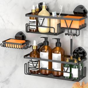 KEGII Shower Caddy Suction Cup – Removable Suction Bathroom Organizers Shelf with Soap Holder, Razor Holder & Hooks, Rustproof Shower Storage for Renters, No Drilling Black Bathroom Storage Basket, 4.7 inches x 11.5 inches x 3.6 inches