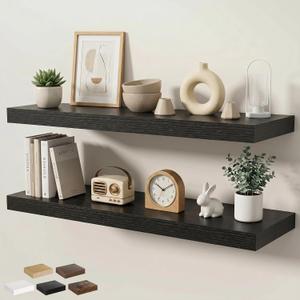 Floating Shelves for Wall 40 in x 9.3 in Deep, Wall Mounted Rustic Wood Shelf with Invisible Brackets for Storage & Display, Living Room Bedroom Bathroom, Black, 2 Pack