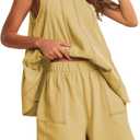 Gozoloma Womens 2 Piece Outfits Sleeveless Matching Sets A Line Tank Tops Contrast Stitching High Waist Shorts with Pockets (L)