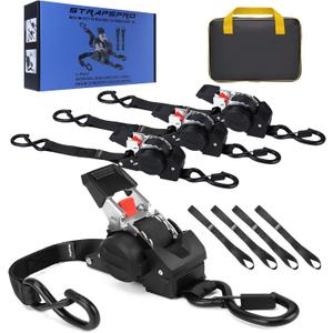 Retractable Ratchet Straps, 1763lb Break Strength Heavy Duty Auto Self Retracting Ratchet Strap with Soft Loops, 1 Inch x 10 Feet Tie Down Straps Easy Retract for Motorcycle Truck Securing Cargo, 4PK (Black)