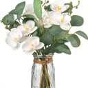 White Orchids Artificial Flowers with Vase Fake Flowers in Vase Artificial Eucalyptus Stems in Glass Vases with Faux Water Faux Orchid with Eucalyptus Leaves Arrangement for Dining Table Centerpiece
