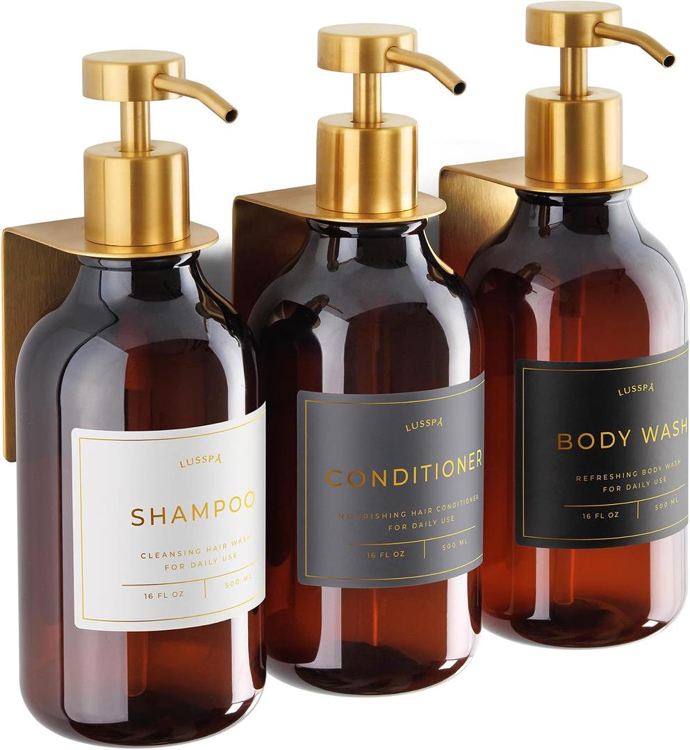 Shower Shampoo Dispenser Wall Mounted 3 Refillable 16.9 oz Amber Bottles with Stainless Steel Pumps & No-Drill Adhesive Holders Soap Dispenser Set for Bathroom (3 X Amber/Gold)