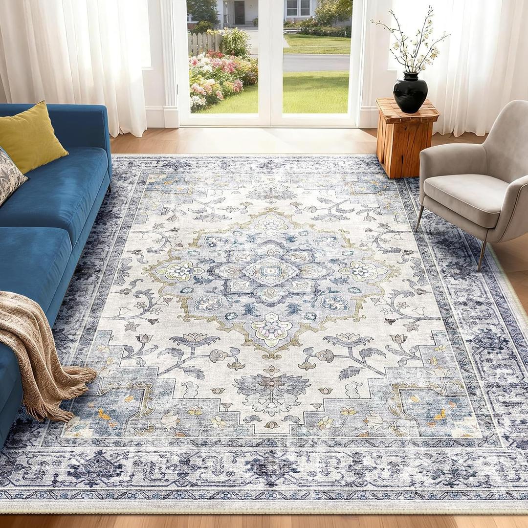 Machine Washable Rugs Nursery Rug 6x9 Cute Girl Non Slip Low Pile Water Repellent Soft Print Pattern for Bedroom Indoor Decor Kids Playroom Blue white