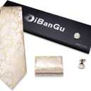 DiBanGu Mens Tie Set Silk Solid Paisley Necktie and Pocket Square Cufflinks Classic Formal Ties for Men Wedding Party (Champagne Floral)