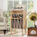 Lerliuo Record Player Stand, Burlywood Turntable Stand Holds up to 160 Albums, Mid-Century Vinyl Storage Cabinet Table with Solid Wood Legs, Record Player Holder Dispaly Shelf for Bedroom Living Room, 18.1 inches x 15.7 inches x 34.2 inches