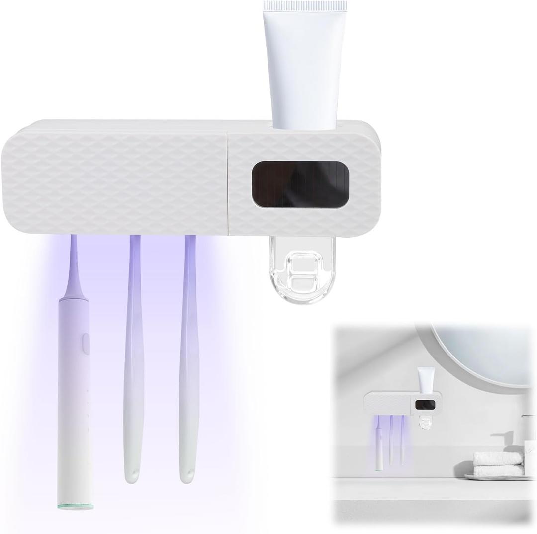 Smart Toothbrush Holder Wall Mounted, Automatic Toothpaste Dispenser with 3 Slots Toothbrush Holder Set Built-in Toothpaste Squeezer with Cleaning and Drying 500mAh (White)